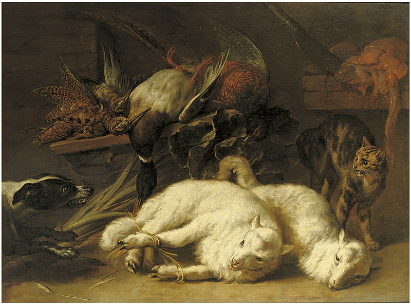 File:Nicasius Bernaerts - Game including a duck and a grouse on a wooden ledge with two tied up lambs, a hound and a cat nearby.jpg