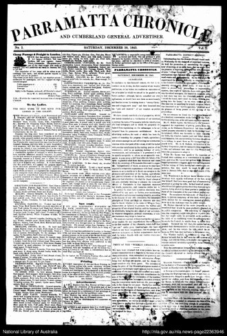 Front page of the Parramatta Chronicle and Cumberland General Advertiser, 30 December 1843 Nla.news-page22363946(1).pdf