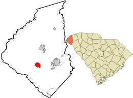Oconee County South Carolina incorporated and unincorporated areas Westminster highlighted.svg