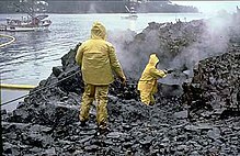 The tanker Exxon Valdez spilled 10,800,000 US gallons (8,993,000 imp gal; 40,880,000 L) of oil into Alaska's Prince William Sound. OilCleanupAfterValdezSpill.jpg