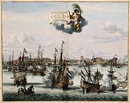 In 1663 veroveren de Nederlanders de stad Cochin op de Portugezen. (Coenraet Decker, 1682)