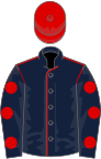 Dark blue, red seams, dark blue sleeves, red spots, red cap