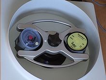 Whole blood placed in centrifuge prior to two-stage centrifugation PRP Centrifuge.JPG
