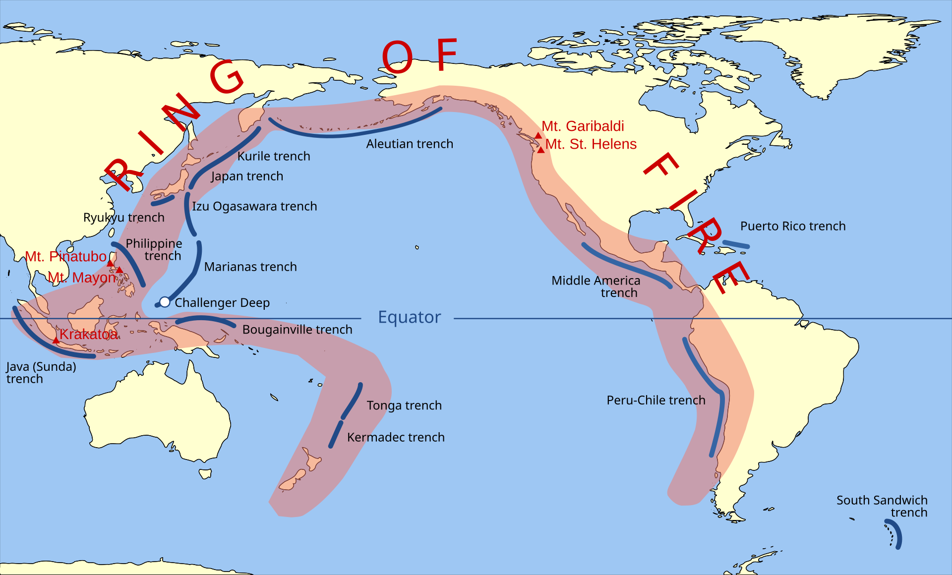 Map highlighting the location of the Ring of Fire, on the coastal areas along the Pacific Ocean