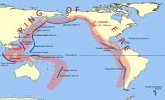 A Ring of Fire; the Pacific is ringed by many volcanoes and oceanic trenches. Pacific Ring of Fire.svg