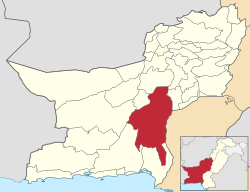 Mapa de Pakistán, la posición del distrito de Khuzdar resaltada