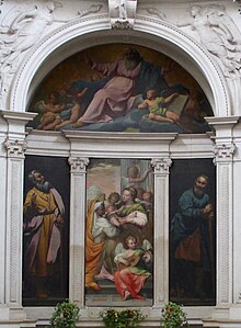 The altarpiece composed of paintings by Bernardino India (center) and Pasquale Ottini Pala d'altare cappella pellegrini vr.jpg