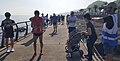 The runners, walkers, including this Mom with her baby, are ready for the 5 km parkrun on Mabori Seacoast (ja:馬堀海岸), en:Yokosuka, Kanagawa, Japan.