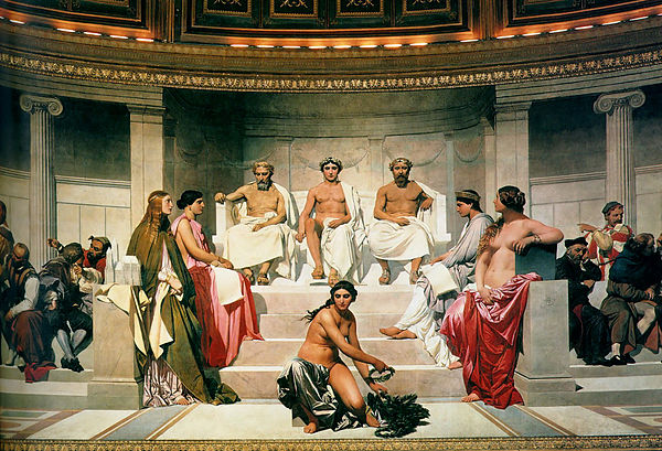 In this painting by artist Paul Delaroche, Phidias is depicted enthroned on the right.