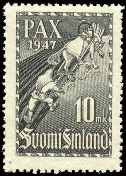 A Finnish postage stamp from 1947 commemorating the Paris Peace Treaty