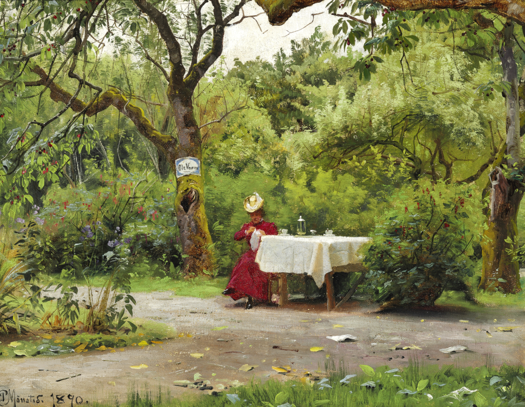  ̸ - Haveparti med en elegance kvinde i rd kjole siddende ved et kaffebord - 1890.png