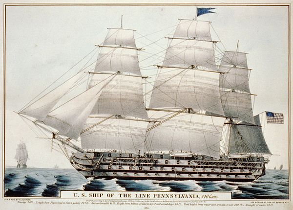 An 1846 lithography of the USS Pennsylvania by Currier and Ives
