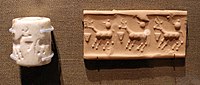 Цилиндрическая печать, датируемая периодом позднего Урука — Джемдет-Насра (3350-2900 до н. э.).