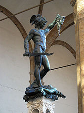 Perseus with the Head of Medusa, bronze, by Benvenuto Cellini, in the Loggia dei Lanzi gallery on the edge of the Piazza della Signoria in Florence; picture taken after the statue's cleaning and restoration. PerseusSignoriaStatue.jpg