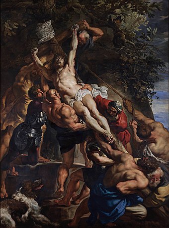 Peter Paul Rubens's The Elevation of the Cross (1610–1611) is modelled with dynamic chiaroscuro.