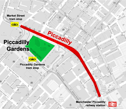 Map of Piccadilly Gardens with the street Piccadilly highlighted in red