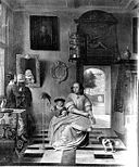 Pieter de Hooch - İki kadın, iki çocuk ve bir papağan olan iç mekan.jpg