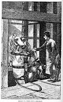 Nineteenth-century illustration of a pony being lowered down a mine shaft at Creuzot, France.