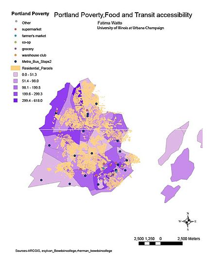 Map of Portland's poverty rate and accessibility to public transit and grocery stores