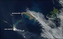 A pumice raft near Tonga Islands, taken by NASA Earth Observatory, based on data from the MODIS Rapid Response System, Goddard Space Flight Center. Image captured in 2006 - six years prior to the phenomenon observed by Bostock and colleagues. Pumice raft.jpg