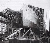 The grey-painted hull of Carpathia rests on the slipway, awaiting launch.