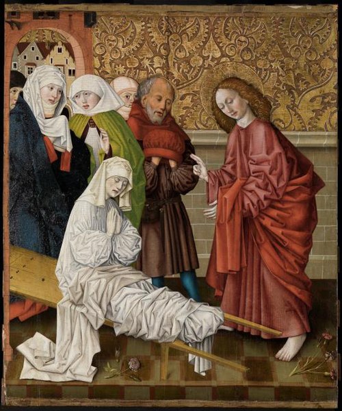 John raises Drusiana, panel painting from 1450s Salzburg