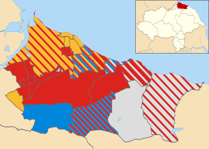 Map of the results of the 2011 Redcar and Cleveland council election. Labour in red, Liberal Democrats in yellow, Conservatives in blue and independents in grey. Redcar and Cleveland UK local election 2011 map.svg