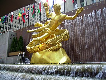 Neoclassical influences – Prometheus, a stylised Art Deco update of classical sculpture, by Paul Manship (1936), gilded bronze, Rockefeller Center, New York City