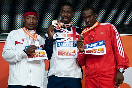 Rodgers, Chambers, and Bailey made up the 60 m podium in 2010 Rodgers Chambers Bailey Doha 2010.jpg