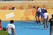 Deutsch: Badminton bei den Olympischen Jugendspielen 2018; Tag 2, 8. Oktober 2018; Halbfinale Jungen Lauf 1 English: Roller speed skating at the 2018 Summer Youth Olympics; day 2, 8 October 2018 – Boys Semifinals run 1