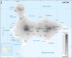 Carte topographique de l'île de Ross avec la baie à l'ouest.