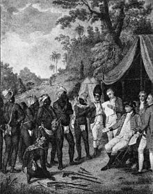 Depiction of the 1773 treaty negotiations between the British and the Black Caribs SaintVincent Carib Treaty Negotiation 1773.jpg