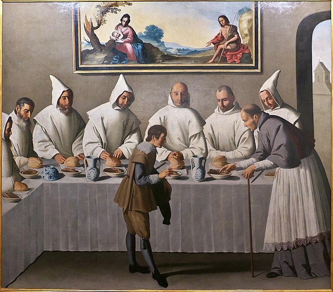 Renaissance-era monks sitting at table together.