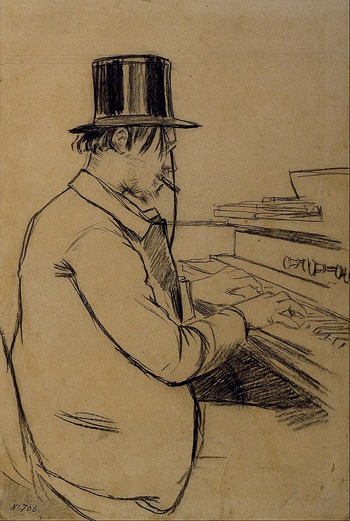 The composer Eric Satie playing the piano at Le Chat Noir (1880s)