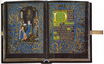 Bifolio d'un livre d'heures noir : miniature de la Pentecôte. Attribuée à l'atelier de Willem Vrelant, Bruges, vers 1475. Pierpont Morgan Library, New York, M493