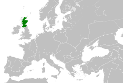 Расположение Шотландии в 1190 году нашей эры. (зеленый) в Европе (зеленый и серый) 