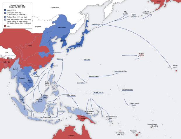 Map of Japanese military advances through mid-1942