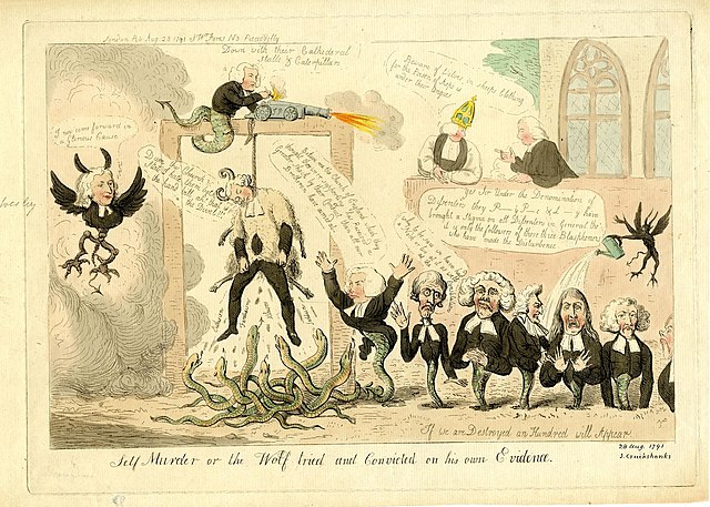 Self murder or the wolf tried and convicted on his own evidence (1791), a print by Isaac Cruikshank, depicting Joseph Priestley as a wolf in sheep's c