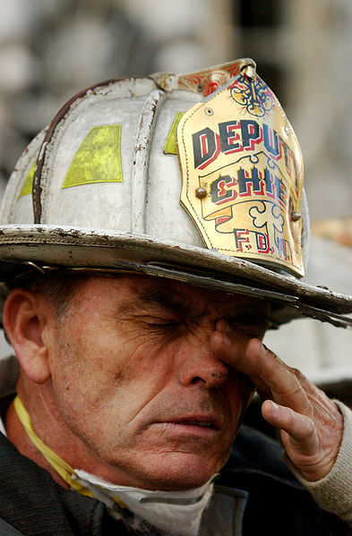 A FDNY deputy chief during rescue efforts at the World Trade Center following the September 11, 2001 attacks.