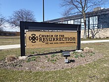 Sign for and facade of Church of the Resurrection (Rez), the cathedral parish of the Anglican Diocese of the Upper Midwest, Wheaton, Illinois.jpg