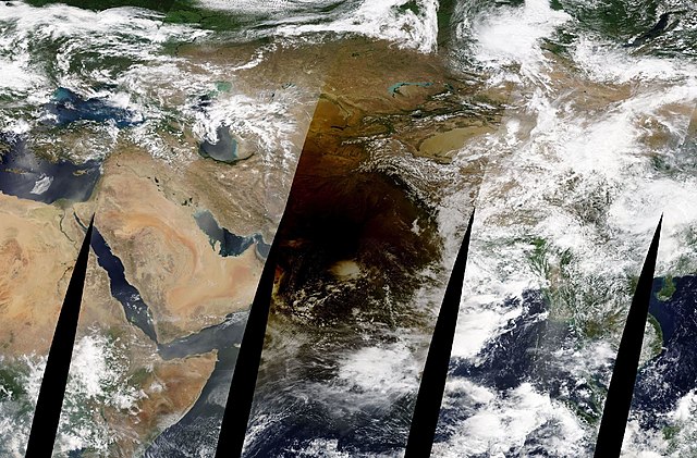 The effect of the solar eclipse (Moon shadow) on Terra satellite image In this photo, the shadow of the Moon has fallen over Iran, Pakistan and Afghan