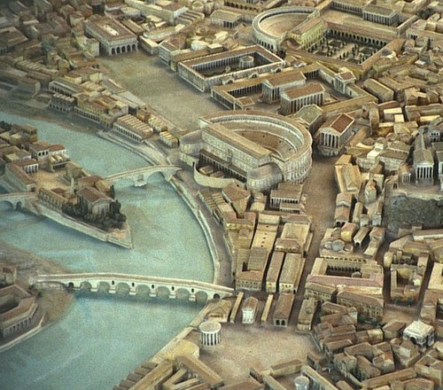 A detail of Gismondi's scale model of ancient Rome at the Museum of Roman Civilization, showing the Theatre of Marcellus between the Circus Flaminius 