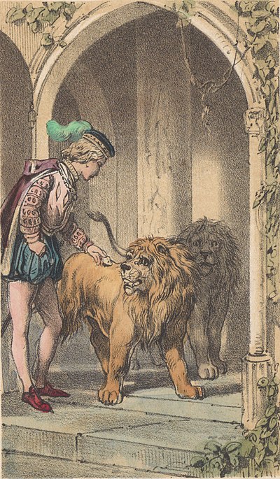 De prins bied de twee leeuwen brood aan