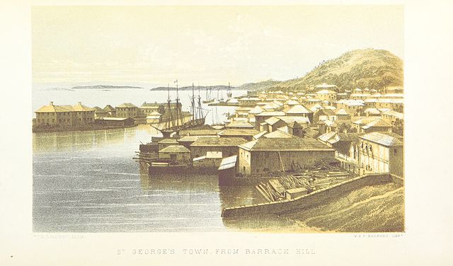 St. George's Town in the Imperial fortress colony of Bermuda, seen from Barrack Hill, in 1857, with Ordnance Island at left, used by the Ordnance Stor