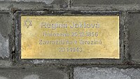 Stolpersteine, kámen zmizelých před domem č. 217 na Jungmannově ulici v Kyjově, kde žila Regina Joklová, rozená Sonnenscheinová. Text: Regina Joklová, narozena 20.12.1856, zavražděna v Terezíně 23.1.1943. (Datum úmrtí je chybné, ve skutečnosti zemřela o den později.)http://www.islovacko.cz/Zpravy/5124-v-kyjove-uctili-pamatku-obeti-holokaustuhttps://itvs24.cz/kyjov/v-kyjove-probehlo-polozeni-kamene-zmizelych