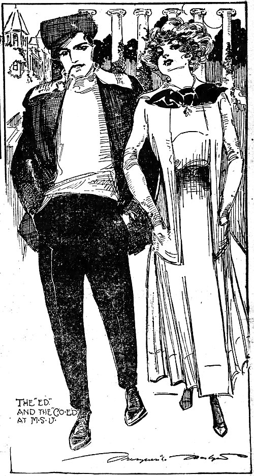 Journalist Marguerite Martyn visited the campus in 1910 and sketched these two fashionable students with the architectural columns behind them. At tha