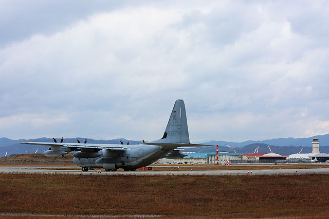 A US Marine Corps KC-130J Super Hercules of VMGR-152 taxies to the runway at MCAS Iwakuni in 2014.