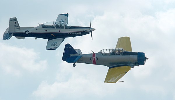 An original, World War II-era T-6A Texan aircraft, right, with the new T-6 Texan II at Randolph AFB, Texas, in 2007