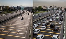 The left image shows Tehran on a day-off during the Nowruz holidays, and the right one shows it on a working day. Tehran in a holiday and work day 04.jpg