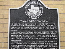 Texas Historical Commission marker for Temple Daily Telegram Temple Daily Telegram historical marker IMG 2373.JPG